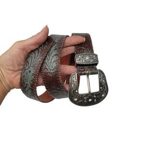 1781 BC Leather Western Scroll Buckle Belt S Silver‎ Rhinestone Brown Turquoise
